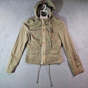 BCBGMaxazria Jacket w Hoodie Women XS Sequin Trim‎ Full Zip Khaki Green